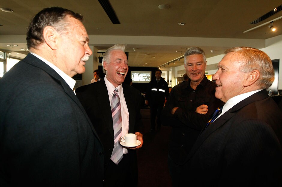AFL 2011 Media - KB - A Life In Football Book Launch (L-R) Ron Barassi, Bill Barrot, Geoff Raines and Bob Skilton share a conversations during the 'KB - A Life in Football' book launch at the Melbourne Cricket Ground.